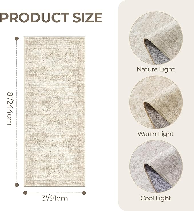 3x8 Runner Rug Non Slip,Washable Hallway Runner Rug,Beige | Neutral Rugs for Kitchen,Entryway,Bedroom,Bathroom,Nursery Room,Thin,Soft Runner Rug,Stain Resistant Indoor Carpet