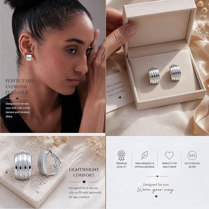 LeCalla 925 Sterling Silver Small Medium Clip On Earrings Non-Pierced Clip-On Stud Earring for Teen Women
