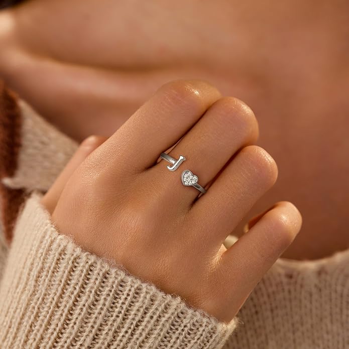 LOVECOM Initial Heart Rings for Women 925 Sterling Silver Gold Adjustable Letter Name Ring Non Tarnish Trendy Stuff Alphabet Letter CZ Stackable Ring Jewelry Gifts for Mom Daughter Sister