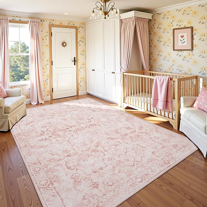 Pink Area Rugs 5x7 Rugs for Living Room, Machine Washable Rugs for Bedroom, Distressed Vintage Living Room Rug, Rug Non Slip Carpet Area Rug for Dining Room Office