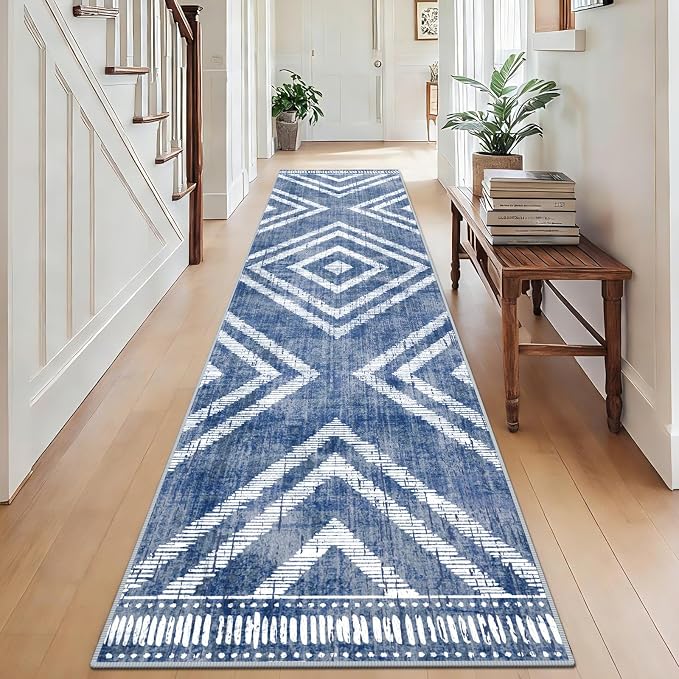 2x10Ft Boho Hallway Runner Rugs Non Slip, Blue Geometric Washable Rug Runners for Kitchen, Soft Low Pile Modern Farmhouse Entryway Floor Carpets for Entrance Doorway Bedroom Home Decor