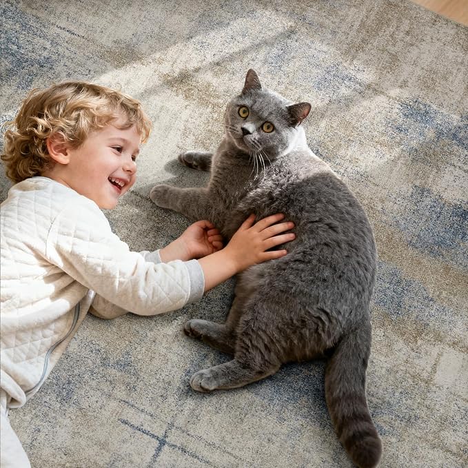 Joydeco Modern Abstract Washable 5x7 Area Rugs for Living Room, Machine Washable Bedroom Rug, Faux Wool Print Non-Slip Neutral Low Pile Stain Resistant Carpet for Dining Room Nursery Home Office Decor