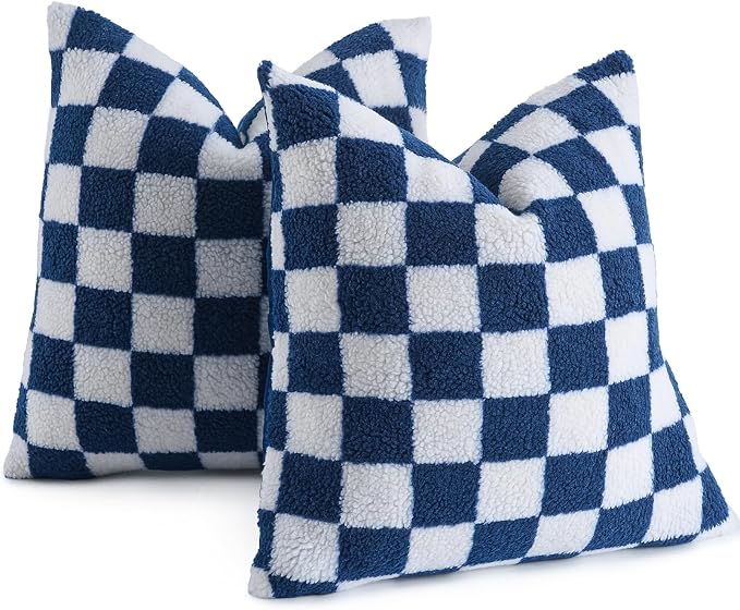 AmHoo Pack of 2 Decorative Throw Pillow Covers Checkerboard Luxury Super Soft Faux Fur Wool Set Case Cushion for Couch Sofa Bedroom 18 x 18-Inch Navy Blue