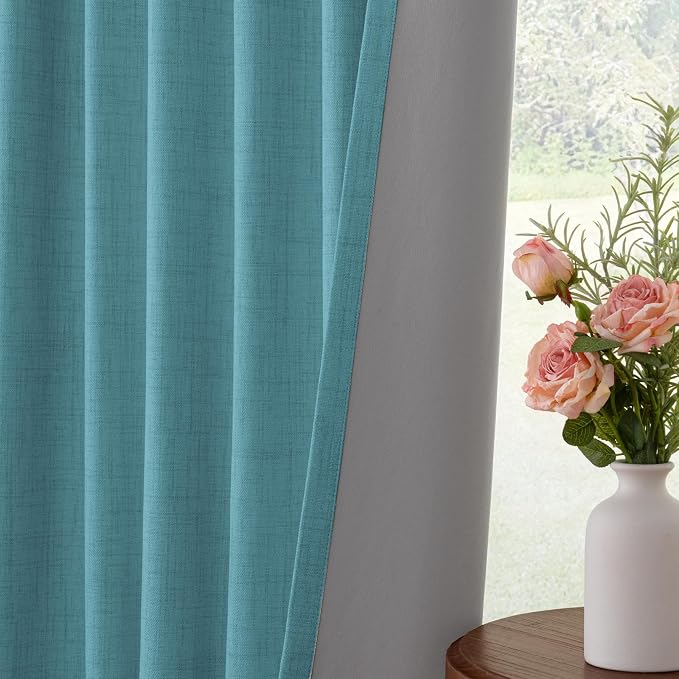 INOVADAY 100% Blackout Curtains for Bedroom, Teal Black Out Curtains 84 Inch Long, Clip Rings Linen Blackout Drapes, Thermal Insulated Room Darkening for Living Room, 2 Panels - W50xL84