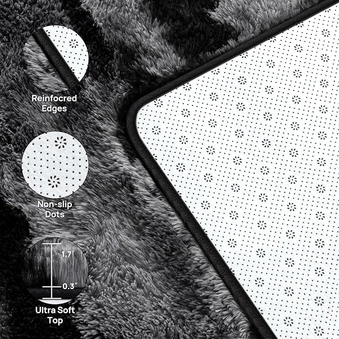Deerhoo Large Shag Area Rugs 9 x 12, Tie-Dyed Plush Fuzzy Rugs for Living Room, Ultra Soft Fluffy Furry Rugs for Bedroom, Anti-Skid Indoor Carpet Nursery Rugs for Kids Room Home Decor, Black Grey