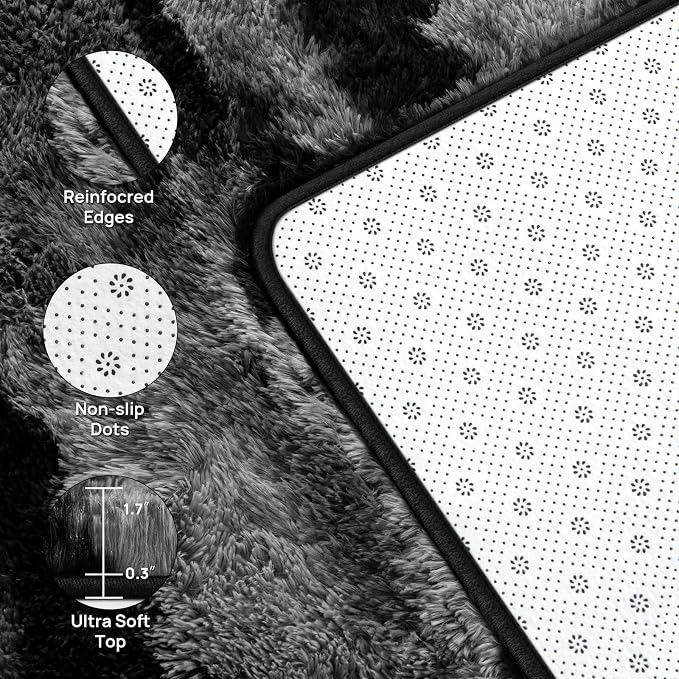 Deerhoo Large Shag Area Rugs 8 x 10, Tie-Dyed Plush Fuzzy Rugs for Living Room, Ultra Soft Fluffy Furry Rugs for Bedroom, Anti-Skid Indoor Carpet Nursery Rugs for Kids Room Home Decor, Black Grey