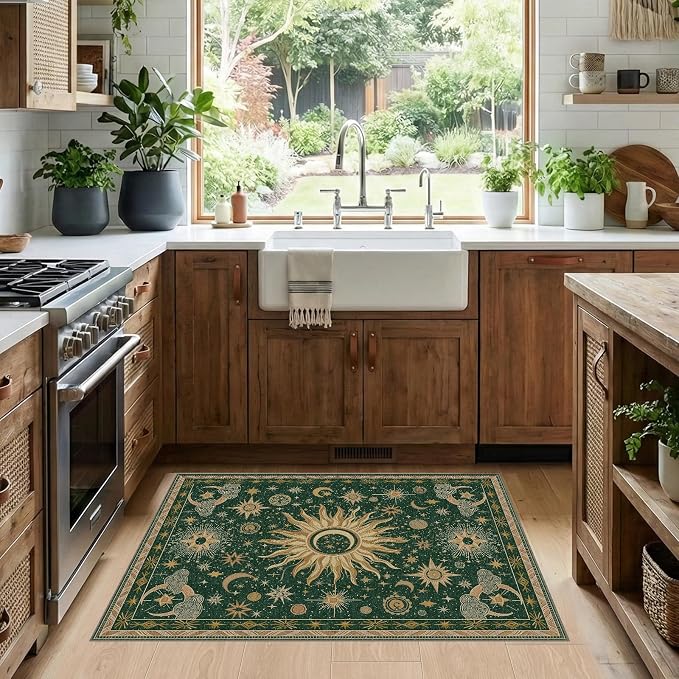 Vacuum-Friendly, 2x3 Washable Area Rug, Green Gold Yellow | Sun and Moon Boho Gothic Non-Slip Low Pile Living Roon Bedroom Dining Room Kitchen Entry Entryway Entrance Hallway Doormat