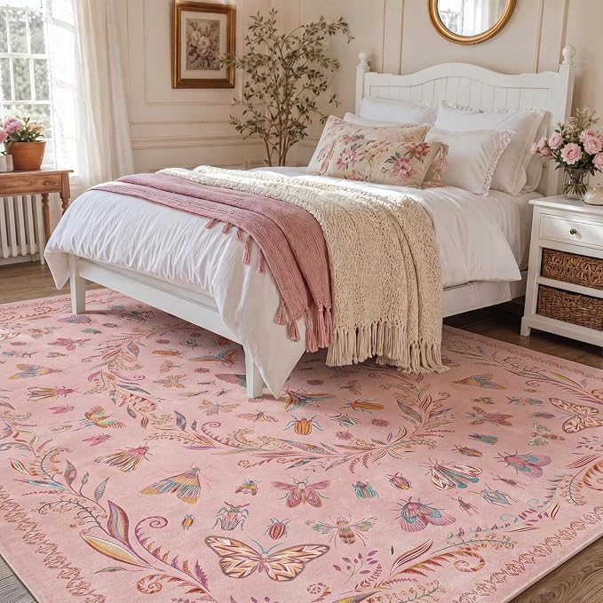 Lunasun Floral Pink Rugs for Bedroom Girls 6x9 - Insect Print Cute Girly Rug for Living Room, Dining Room Under Kitchen Table, Washable Low Pile Vintage Bug Art Nouveau Home Decor