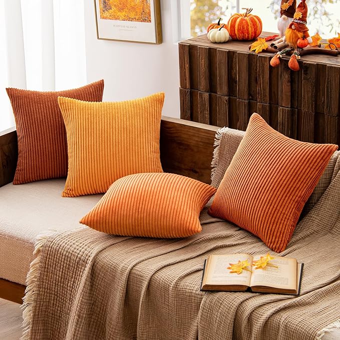 MIULEE Boho Farmhouse Throw Pillow Covers 18x18 Inch Set of 4 Mordern Nordic Cushion Covers Soft Corduroy Fall Home Decor for Couch Bed Sofa Living Room Orange Rust