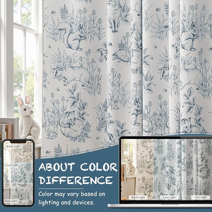 jinchan Blue Blackout Curtains W38xL63 Whimsical Back Tab 2 Panels | Room darkening,nursery kids bedroom,privacy,whimsical,cottagecore,bunny pattern,botanical,nature-inspired decor