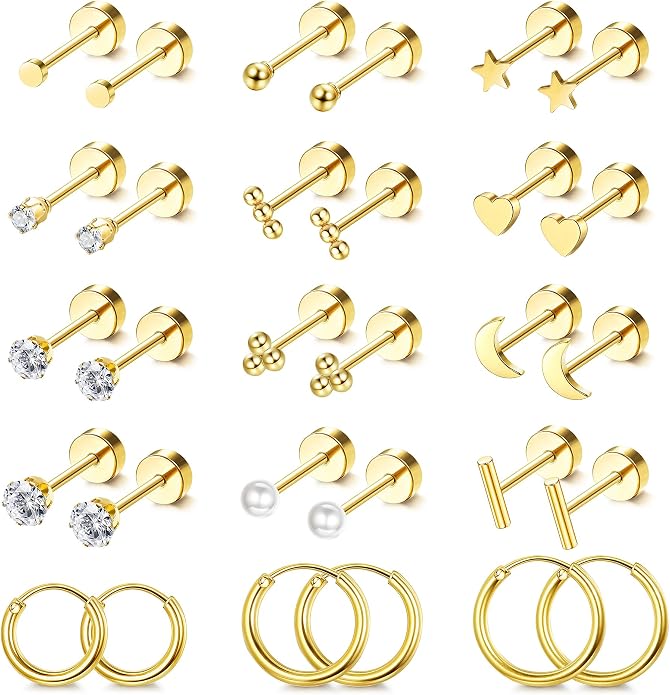 LOLIAS Small Hypoallergenic Flat Back Stud Earrings for Women Men 14K Gold Plated Surgical Stainless Steel Earring Sets Tiny Screw Back Cartilage Earrings for Sensitive Ears