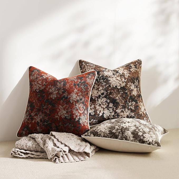 DEZENE Pack of 2 Vintage Floral Euro Sham Covers 24x24 Boho Farmhouse Accents Chenille Square Decorative Throw Pillow Cases for Living Room Couch Bed Home Decor, Dark Brown