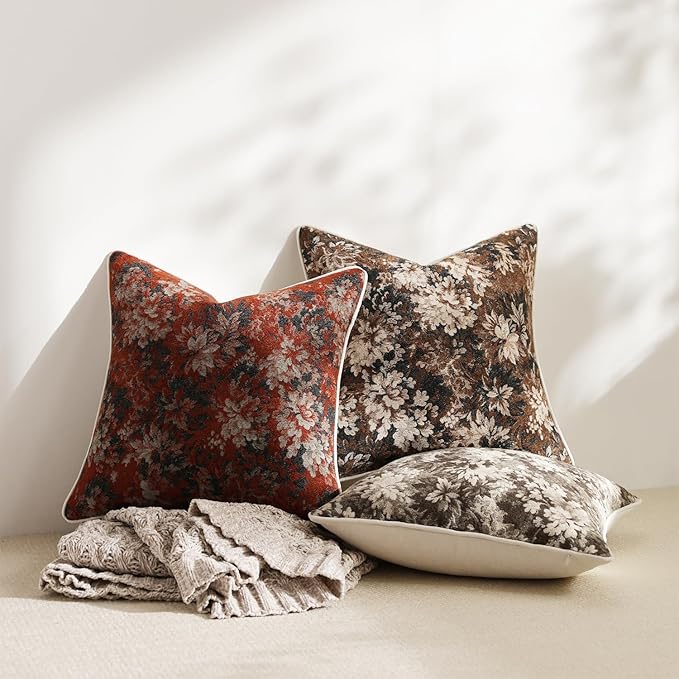 DEZENE Pack of 2 Vintage Floral Throw Pillow Covers 20x20 Boho Farmhouse Accents Chenille Square Decorative Pillow Cases for Living Room Couch Bed Home Decor, Rust