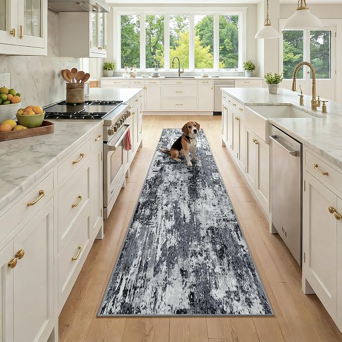 RELEANY Washable Area Rugs 2x9 Non-Slip Modern Abstract Soft for Living Room Entryway Bedroom Kitchen, Print Pattern, Black Navy Blue Gray