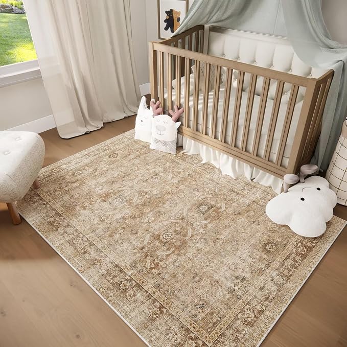 Boho Washable 5x7 Area Rugs for Living Room, Cushioned, Brown | Vintage Non-slip Rugs for Bedroom Dining Room Nursery Office, 0.3" Neutral Oriental Throw Thin Carpet, Brown