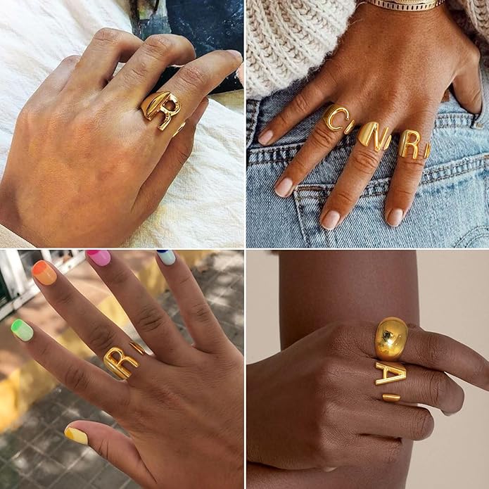 KeyStyle Bold Initial Letter Rings Adjustable, GoldChic Jewelry Women Gold Statement Ring Personalized Engraved Women’s Open Signet Ring for Party (Gold, White Gold, Black)