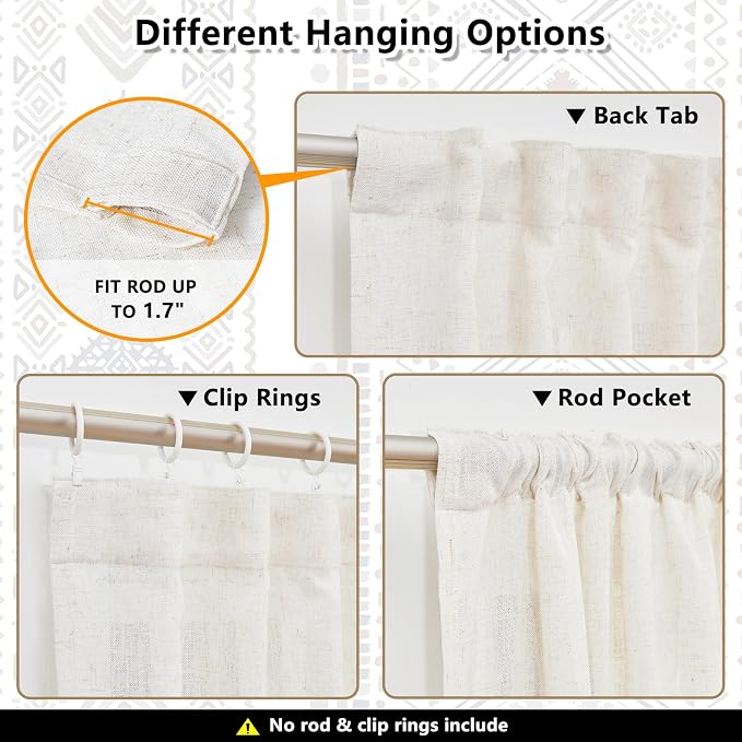 MYSKY HOME Curtains 84 inches Long for Living Room Boho Linen Sheer Drapes Geometric Farmhouse Decor Light Filtering Privacy Protect Soft Touch Treatment Back Tab for Home, 50" Wide, Khaki, 2 Panels