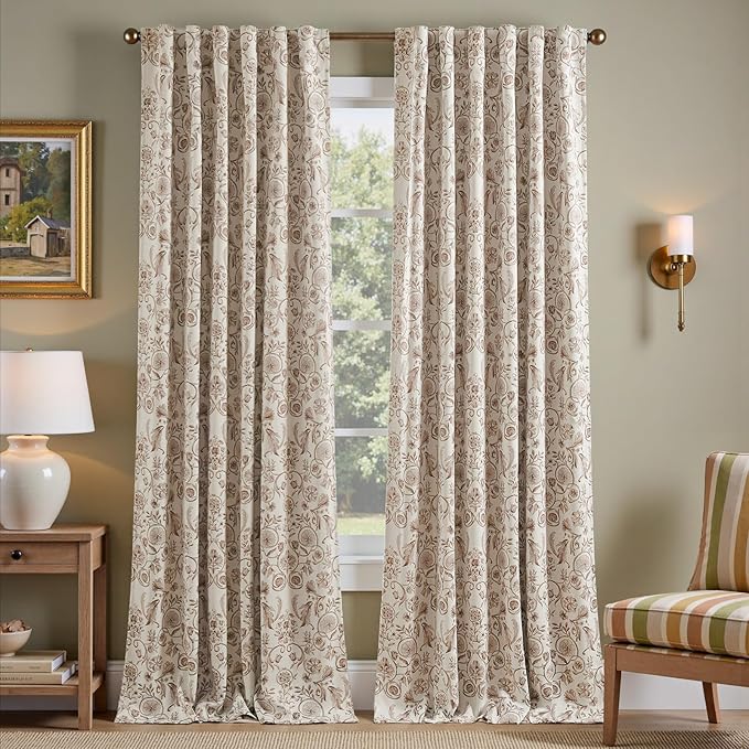 jinchan Taupe Floral Blackout Curtains 96 Inch Farmhouse Back Tab 2 Panels | Taupe on beige, room darkening, traditional vintage drapes, bedroom, living room, botanical, flower print, window treatment