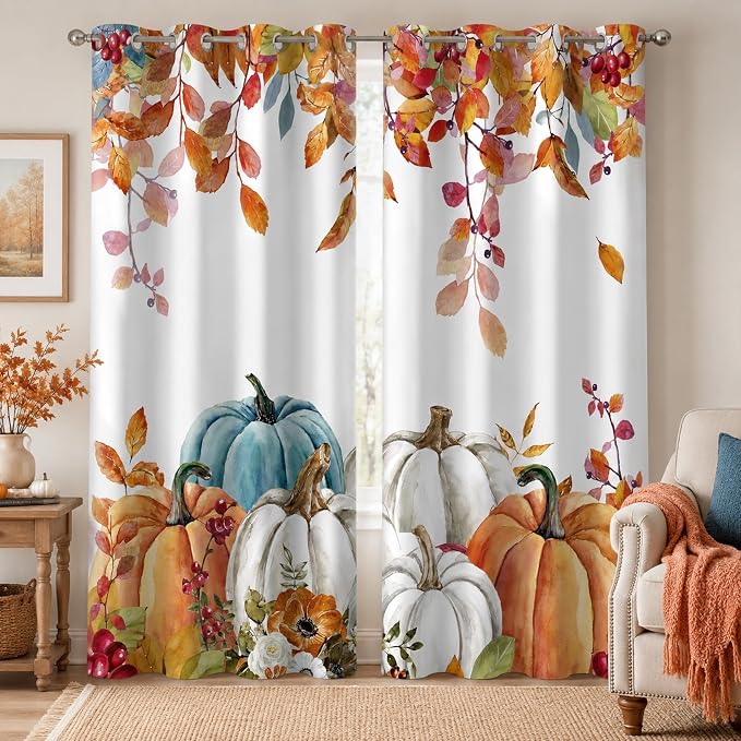 Pumpkin Window Curtains 52 x 63 Inches, Watercolor Fall Leaves Drapes with Blue White Orange Pumpkins, Autumn Farmhouse Curtains for Bedroom Living Room