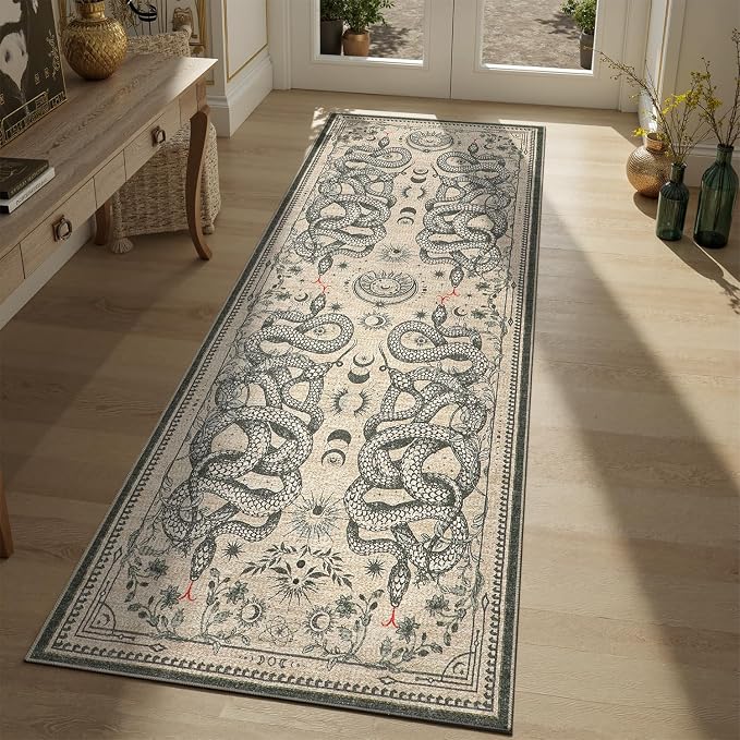DCX Washable 2x6 Snake Runner Rug, Beige Gothic Rug for Living Room, Soft Low Pile Carpet, Kid & Pet Friendly with Rubber Back Non Slip, Stain Resistant Rug for Bedroom Dining Room Office
