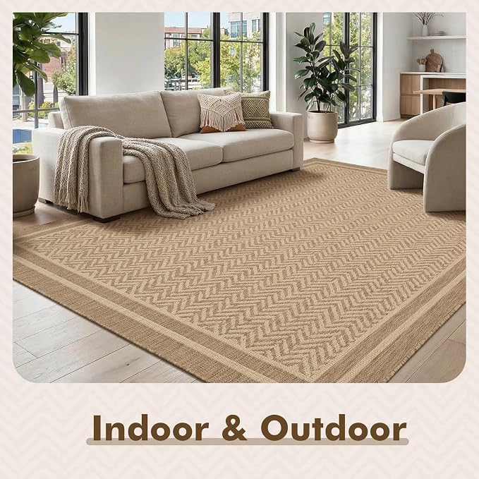 MontVoo-Outdoor Rug-Patio Rug 6x9 Polypropylene Indoor Outdoor Rugs Outdoor Carpet for Patio Deck Balcony Porch, Textured Weave, Durable for High Traffic, Fade-Resistant, Boho Farmhouse Neutral Brown