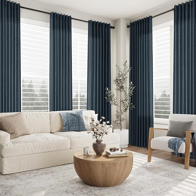 Aersas Pinch Pleated Vintage Blue Linen Curtains 90 Inches Long for Living Room 2 Panel Set Pleat Semi Sheer Back Tab Dark Blue Drapes Kids Room Modren Curtain for Bedroom Window, 40 Inch x 90 Inch