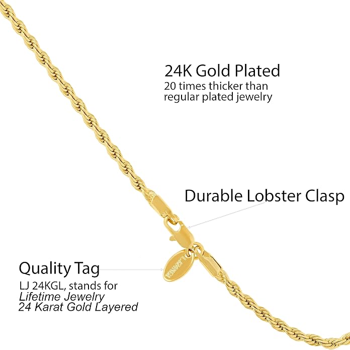LIFETIME JEWELRY Womens Gold Anklet 3mm Rope Chain Ankle Bracelet 24k Real Gold Plated