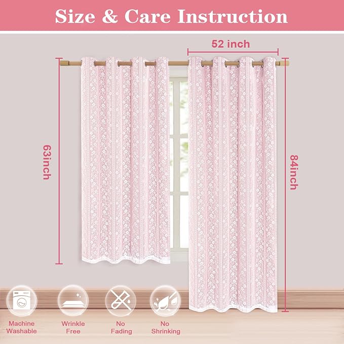 ASPMIZ Pink Blackout Curtains for Bedroom 63 inch Long, Double Layer Curtains with Lace Overlay, Light Blocking Grommet Drapes for Girls Living Room Thermal Insulated Window Curtain Set of 2, 52x63