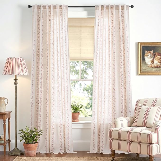 Lazzzy Cathy Linen Floral Curtains for Living Room Privacy Curtains 96 inch Length Set of 2 for Bedroom Rod Pocket Back Tab Light Filtering Drapes Cottage Core Decor 50"x96" Terracotta on Linen