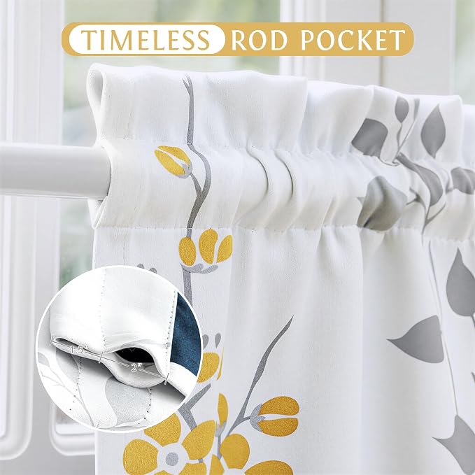 Beauoop Floral Valance Curtains for Kitchen Yellow Grey 52X18 Inch 1 Panel | Flower Patterned Yellow White Blackout Short Curtains for Living Room Bedroom Cafe Thermal Small Window Curtains Rod Pocket