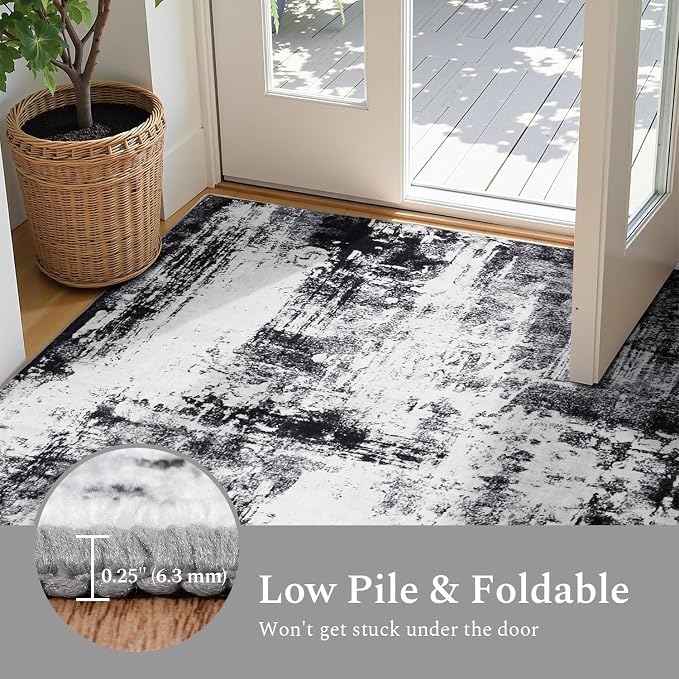 Rugflix 3x5 Entrance Rugs, Entry Rug Washable Non-Slip Stain-Resistant Low Pile, Small Modern Dark Carpet for Living Room Bedroom Indoor, Black Grey