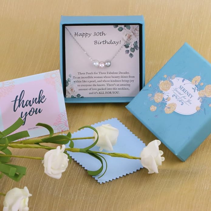 Sereney Sterling Silver Birthday Gifts for Girls Women, Pearl Necklace as 7 9 10 11 13 15 16 18 21 30 40 50 60 Year Old Birthday Gifts, Single Pearl Necklace as Bday Gifts for Friends