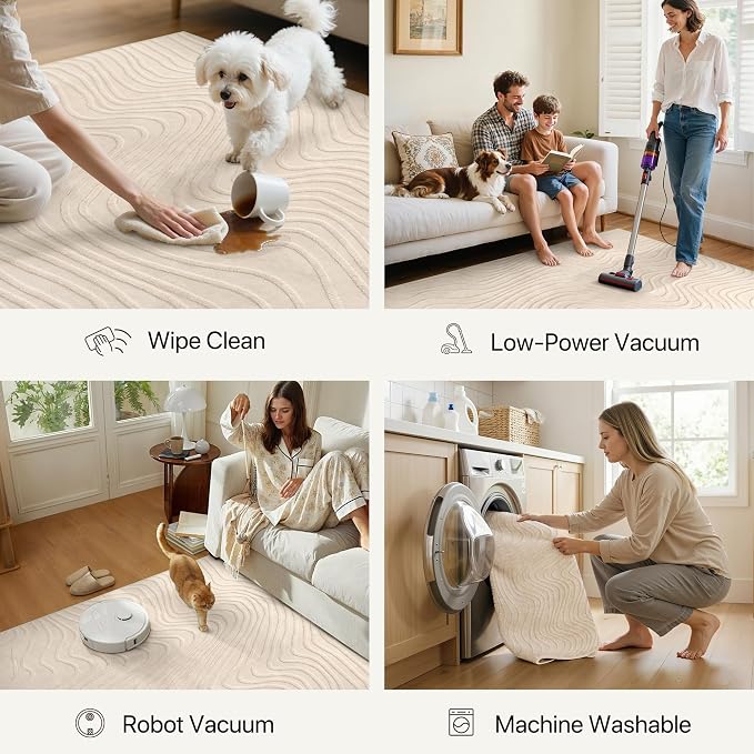 GENIMO Soft Washable Area Rugs 8x10, 3D Modern Wave Textured Rugs for Living Room, High-Low Pile Non Slip Fuzzy Carpet, Non-Shedding Stain Resistant Thin Beige Rugs for Bedroom, Dining Room, Nursery