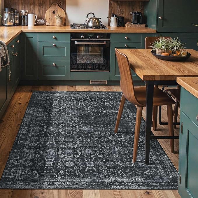 Rugxara Black 4x6 Area Rug Washable Rug for Living Room Bedroom Office | Non Slip, Throw Rug for Entryway Dining Room Kids Room, Stain Resistant, Soft, Low Pile, Vintage Boho Floral Carpet