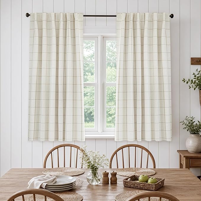 DriftAway 100% Blackout Windowpane Plaid Linen Curtains 45 Inches Taupe | Double Layer Farmhouse Drapes for Living Room Bedroom Yarn Dyed Woven Thermal Insulated Rod Pocket Back Tab 2 Panels