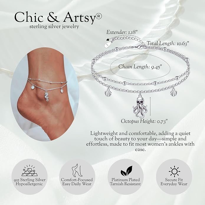 CHIC & ARTSY 925 Sterling Silver Ankle Bracelets for Women, Adjustable Layered Foot Chains with Nature & Symbol Charms, Lightweight Comfort Fit Boho Beach Everyday Jewelry