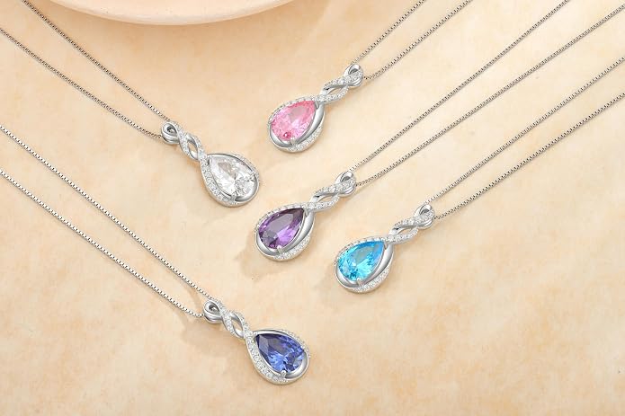 Fahonie 925 Sterling Silver Birthstone Necklace for Women,Infinity Teardrop Cubic Zirconia Pendant Necklace Anniversary Birthday Jewelry Gift for Women Wife Friend 18"+2" Chain