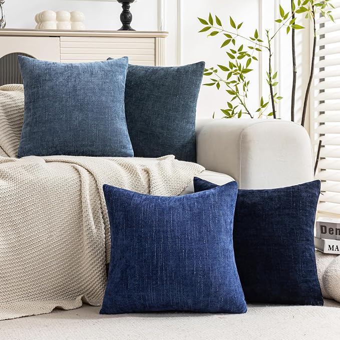 Set of 4 Soft Textured Decorative Throw Pillow Covers 24x24 Inch Cozy Farmhouse Cushion Cover Square Accent Pillow Cases for Bed Couch Sofa Living Room, Blue Series