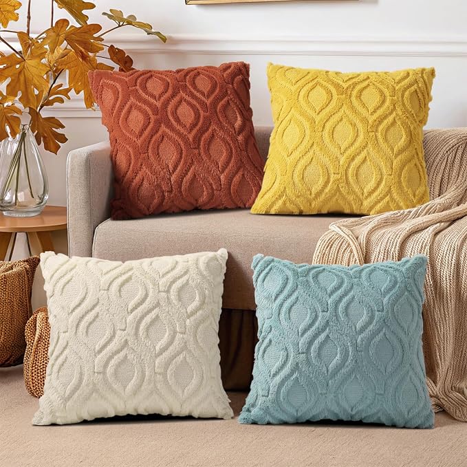 decorUhome Beige Rust Faux Fur Soft Throw Pillow Covers 18x18 Set of 4 | Fall Neutral Decorative Plush Couch Pillow Covers, Accent Modern Farmhouse Neutral Pillow Cases for Sofa Bed Living Room