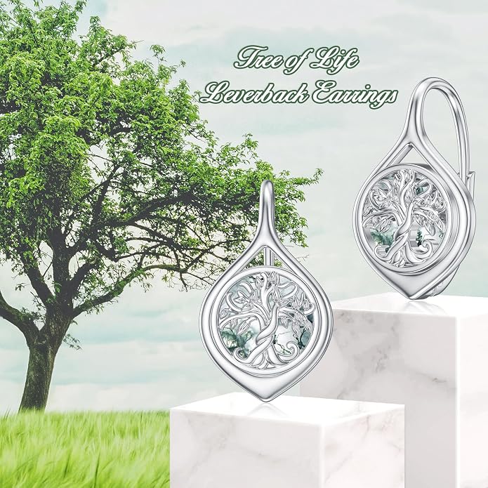 WINNICACA Leverback Earrings for Women 925 Sterling Silver Tree of Life Earrings Dangle Drop Turquoise Moonstone Moss Agate Heart Jewelry Gifts for Women Her Wife Anniversary Birthday Gifts