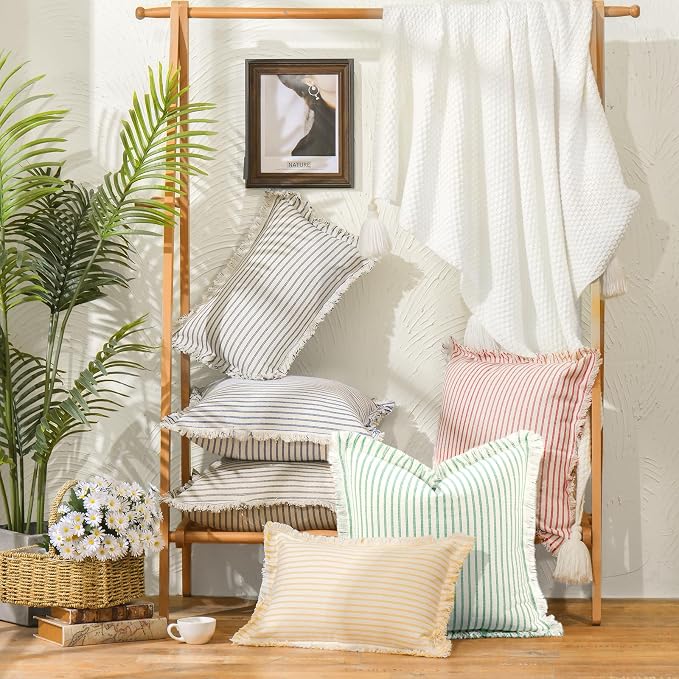 ZWJD Throw Pillow Covers 16x16 Set of 2 Green Striped Pillow Covers with Fringe Chic Cotton Decorative Pillows Square Cushion Covers for Sofa Couch Bed Living Room Farmhouse Spring Decor