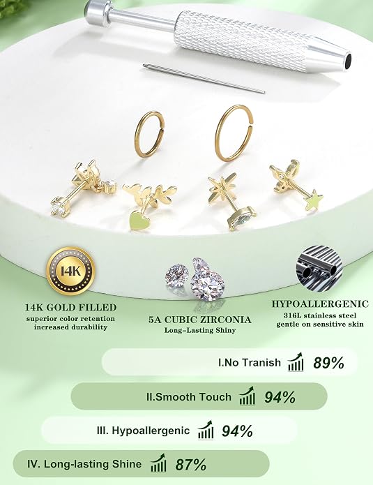 Drperfect 18G Reversible Flat Back Stud Earrings for Women Hypoallergenic Surgical Steel 14K Gold Silver Plated Internal Thread Stud Piercing Jewelry for Tragus Helix Cartilage Conch Piercing