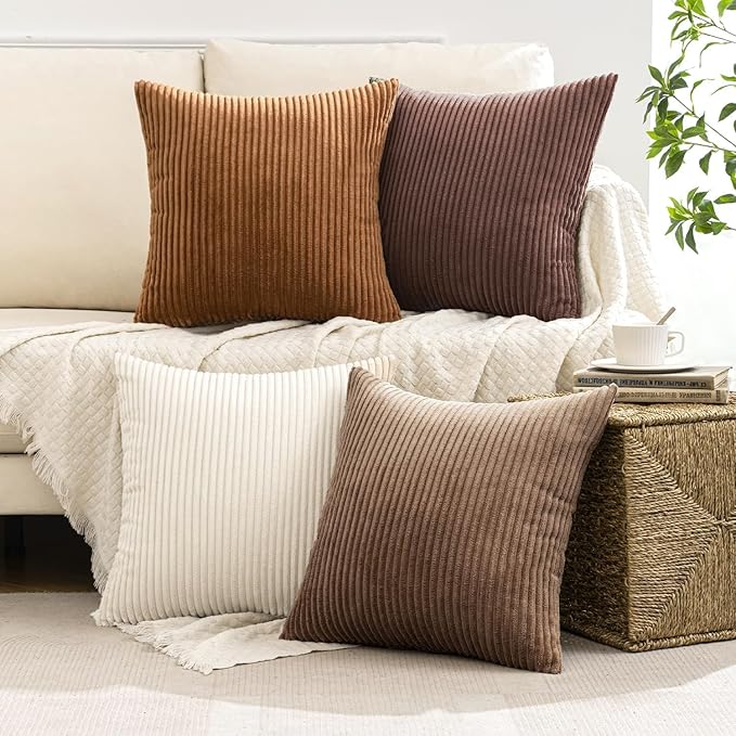 MIULEE Boho Farmhouse Throw Pillow Covers 18x18 Inch Set of 4 Rustic Mordern Neutral Cushion Covers Soft Corduroy Nordic Fall Home Decor for Couch Bed Sofa Living Room Brown
