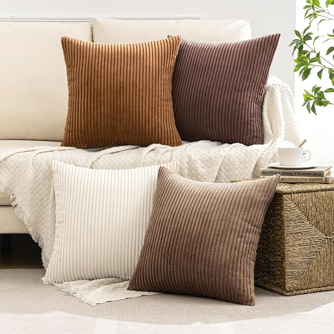 MIULEE Boho Farmhouse Throw Pillow Covers 20x20 Inch Set of 4 Rustic Mordern Neutral Cushion Covers Soft Corduroy Nordic Fall Home Decor for Couch Bed Sofa Living Room Brown