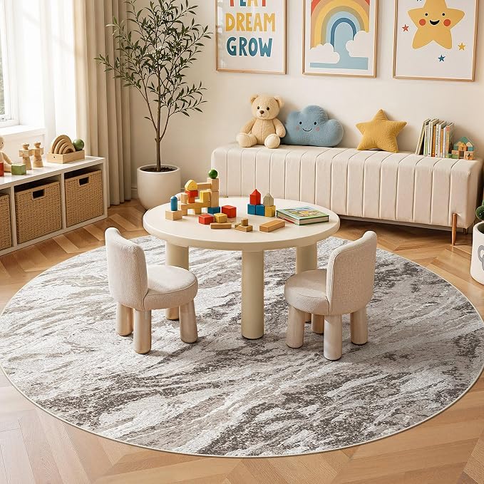 Area Rugs for Living Room: 10ft Round Abstract Washable Rug Modern Neutral Large Soft Stain Resistant Non-Slip for Bedroom Dining Room Indoor Home Office Carpet - Brown