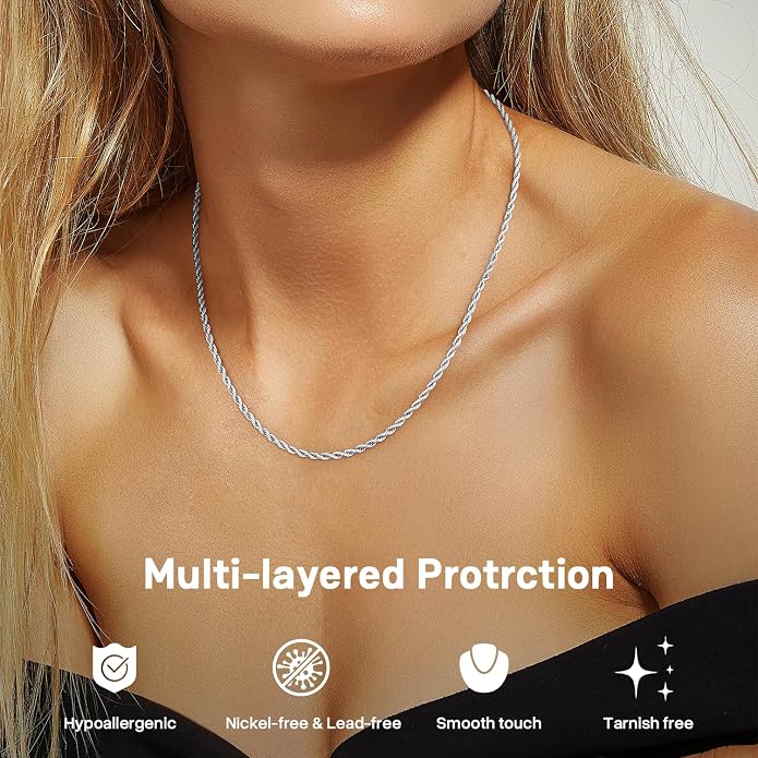 1.5mm 2mm Rope Chain 925 Sterling Silver Chain Necklace for Women, 14K Gold Plated Chains for Women Sturdy & Durable Women's Chains Necklace 16 18 20 22 24 26 Inch