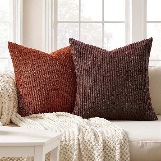 Topfinel Beige Brown Gradient Farmhouse Pillow Case 24x24 Decorative Pillow Covers Set of 4 Rustic Modern Soft Corduroy Striped Cushion Covers for Sofa Couch Living Room Bedroom