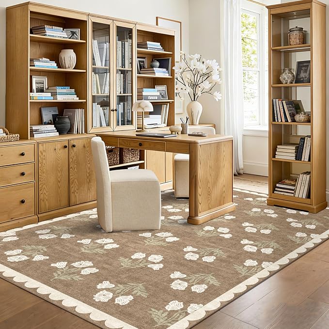 Boho Tan Living Room Rug 6x9 - Soft Washable Floral Neutral Farmhouse Scalloped Bedroom Area Rug Stain Resistant Dining Room Rugs for Under Table Non Slip Rugs for Bedroom Living Room Decor
