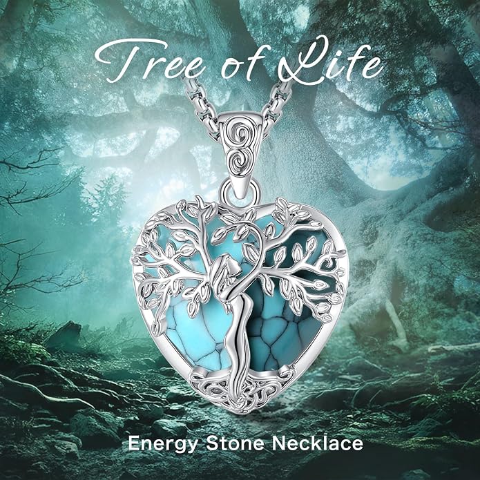 EUDORA Tree of Life Necklace with Moonstone Amethyst Obsidian Turquoise Healing Crystal for Women, Silver Plated Copper Mother Tree of Life Pendant Amulet Energy Jewelry, Gift for Women Mom, 20"+2"