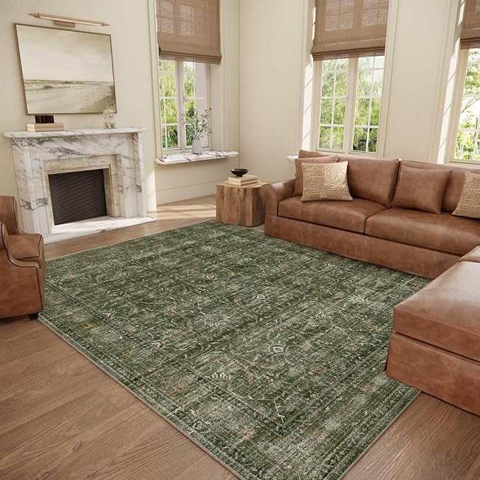 Boho Washable 8x10 Area Rugs for Living Room, Cushioned, Grass Green | Vintage Non-slip Neutral Oriental Rugs for Bedroom Dining Room Nursery Office High Traffic Area